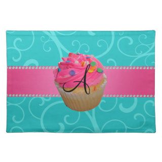 Monogram pink cupcake turquoise swirls place mat