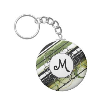 Olive Green Modern Retro Stripes with Monogram Key Chains