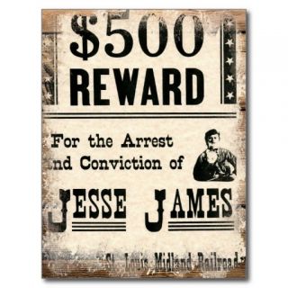 Wanted Jesse James Post Cards