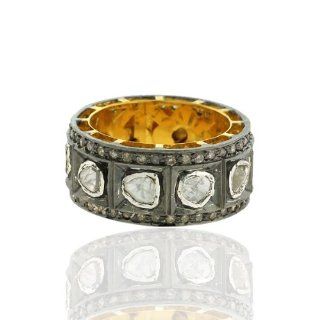 Rose Cut Diamond Band Ring 14kt Yellow Gold Handmade Sterling Silver Jewelry Jewelry