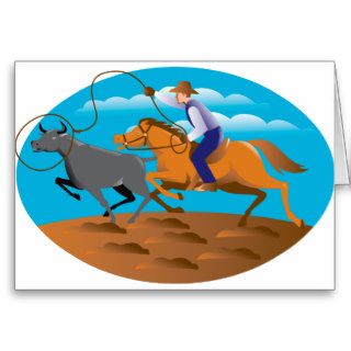 Cowboy Riding Horse Lasso Bull Cow Card