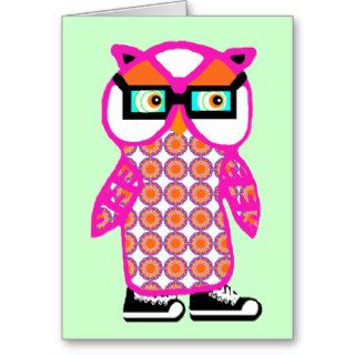 Funny Retro Pink Hipster Owl Blank Greeting Card