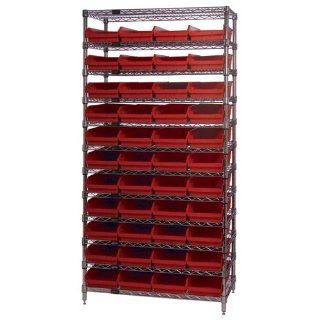 Quantum Storage Systems WR12 114RD 12 Tier Complete Wire Shelving System with 44 QSB114 Red Bins, Chrome Finish, 24" Width x 36" Length x 74" Height