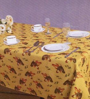 Printed Linen Fabric Tablecloth 54" X 54" Square, Rooster and Hen (Curry Background)  