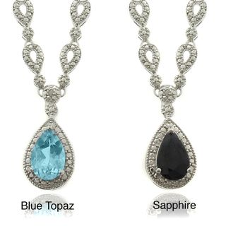 Dolce Giavonna Silver Overlay Gemstone and Diamond Accent Teardrop Dangle Necklace Dolce Giavonna Gemstone Necklaces