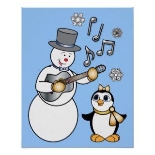 Christmas Snowman, Penguin and Guitar Print