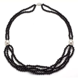 DaVonna Silver 2 row Black Onyx and White FW Pearl Necklace (11 12 mm) DaVonna Gemstone Necklaces