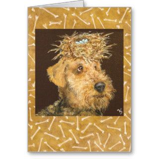 Airedale with big nest on bones card