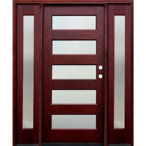 Pacific Entries Contemporary 36 in. x 80 in. 5 Lite Mistlite Stained Mahogany Wood Entry Door with 12 in. Sidelites M55MSML412