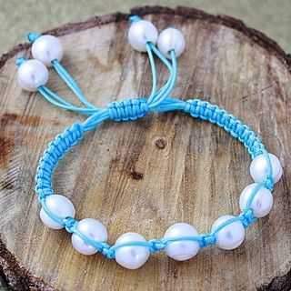 Turquoise Blue Macrame Cord White FW Pearl Bracelet (12 mm) (USA) Bracelets