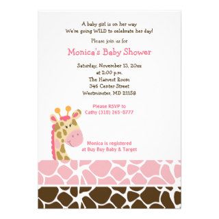 Pink Giraffe Jungle Safari Baby Shower Invitation