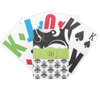 Monogram   Damask, Swirls   Black White Green Bicycle Poker Cards
