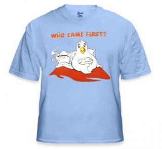 Who Came First T Shirt, Chicken or The Egg? Novelty Tee #161 (Mens Lt.Blue) Clothing