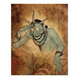 Vintage Halloween, Spooky Demon Monster with Horns Print