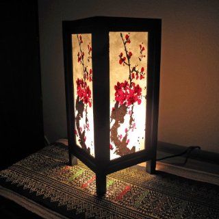 Mulberry Paper Wood Frame Table Lamp/Lantern, Red Cherry Blossoms / Sakura Flowers Design, Approx. 5"L x 5"W x 11"H, Approx. 56"L Electric Cord, Fully Assembled & Bulb included   Wooden Oriental Table Lamps  