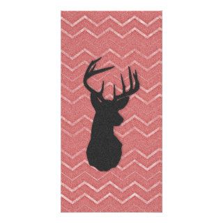 Hipster vintage deer head on red chevron pattern photo greeting card