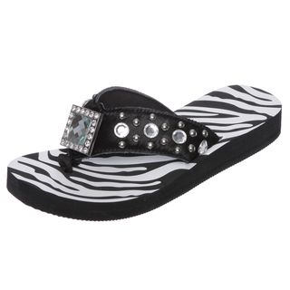 Hidden Soles Women's Black Zebra Rhinestone Thong Sandals Sandals