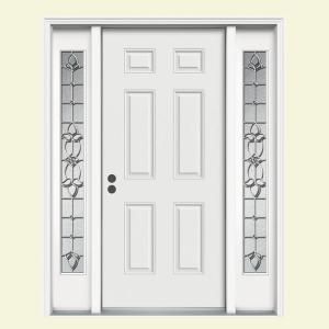 JELD WEN 6 Panel Primed White Steel Entry Door with Two 12 in. Tennyson Sidelites and Brickmold DISCONTINUED O85334