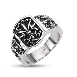 Stainless Steel Biker Ring with "Royal Fleur De Lis" Design on Sides and on Black Plated Center   Crazy2Shop Jewelry