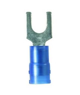 Panduit PN14 6FN C Fork Terminal, Nylon Insulated, 18   14 AWG Wire Range, #6 Stud Size, Blue, 0.03" Stock Thickness, 0.162" Max Insulation, 0.24" Terminal Width, 0.79" Terminal Length, 0.19" Center Hole Diameter (Pack of 100) Ind