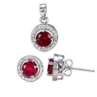 Sterling Silver 10mm Halo Jacket with 6mm Created Burmese Ruby Gemstone Cast Basket Stud Earring with Matching Pendant Gift Set, Rachel, 2.55 carats Jewelry