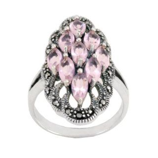 Sterling Silver Marcasite and Pink Glass Multi Marquise Ring, Size 5 Jewelry