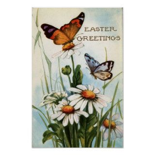 Vintage Easter Greetings With Butterflies Floral Poster