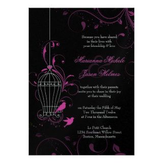 Metallic Pink & Black Swirly Birdcage Wedding Custom Invitations