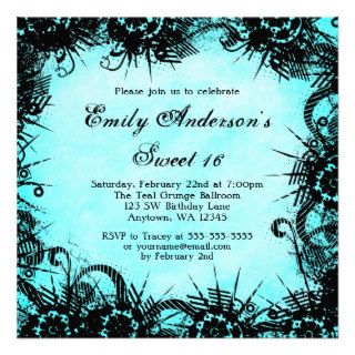 Grunge Sweet 16 Teal Birthday Party Invitations