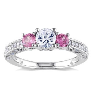 Miadora 10k White Gold Created White and Pink Sapphire 1/6ct TDW Diamond Ring (H I, I2 I3) Miadora Gemstone Rings