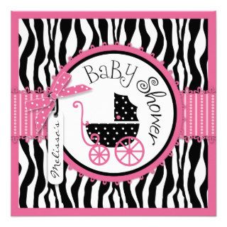 Baby Carriage, Zebra Print & Hot Pink Baby Shower Custom Announcement