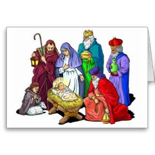 Colorful Christmas Nativity Scene Greeting Cards