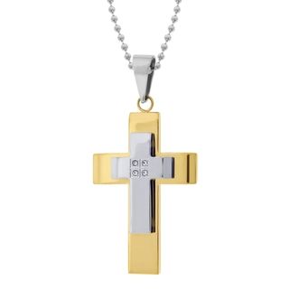 Stainless Steel Two layer Cross with Gold IP and Cubic Zirconia Pendant Necklace Men's Necklaces