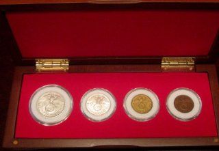 German World War 2 Coin Collection   Fine Wood Display Box Set with 4 German Coins   2 are Silver Reichsmark Coins   Delivered Completely Assembled 