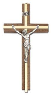 6 inch Antique Gold Crucifix, Walnut w/ Polished Brass inlay  Wall Crosses  