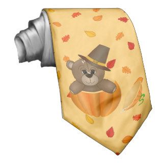 Cute Little Pilgrim Teddy Bear in a Pumpkin Custom Ties