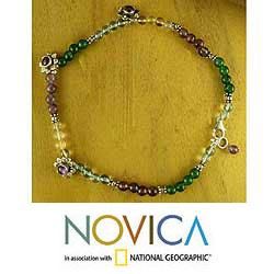 Sterling Silver 'Purple Crocus' Amethyst Peridot Anklet (India) Novica Anklets