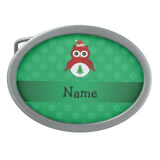 Personalized name red santa owl green snowflakes oval belt buckle