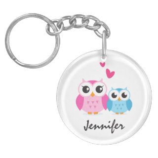 Cute cartoon owls with hearts personalized name acrylic key chain