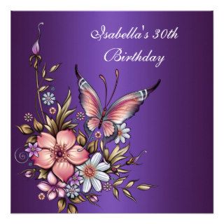30th Birthday Elegant Purple Floral Butterfly Announcements