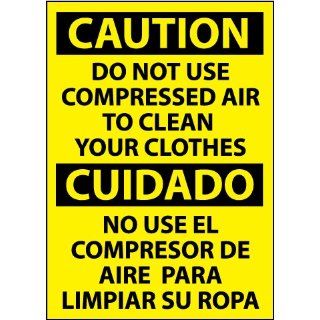 NMC ESC205AB Bilingual OSHA Sign, Legend "CAUTION   DO NOT USE COMPRESSED AIR TO CLEAN YOUR CLOTHES", 10" Length x 14" Height, 0.040 Aluminum, Black On Yellow Industrial Warning Signs