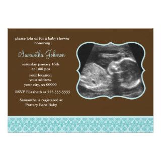 Blue Damask Pattern Sonogram Baby Shower Personalized Announcement