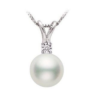 PremiumPearl 7.5 8mm White Freshwater Pearl Pendant with Diamonds AAA Quality 14K White Gold Pendant Necklaces Jewelry