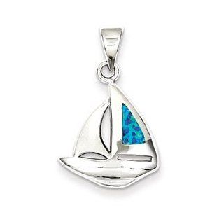 Blue Inlay Created Opal Sailboat Pendant  Sterling Silver Blue Inlay Created Opal Sailboat Pendant Jewelry