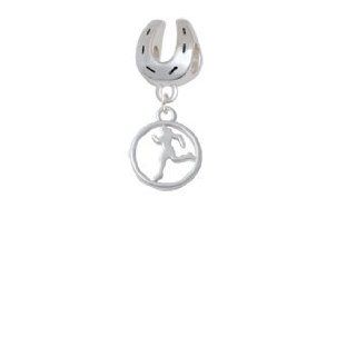 Runner Silhouette in 1/2'' Disc Silver Lucky Horseshoe Charm Bead Dangle Jewelry