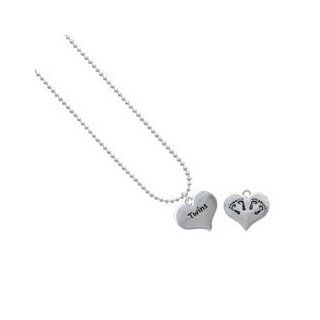 "Twins" Heart with Two Pair of Baby Feet   Silver Plated Ball Chain Charm Nec Jewelry
