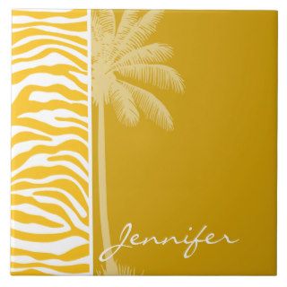 Amber Yellow Zebra Animal Print; Summer Palm Tile