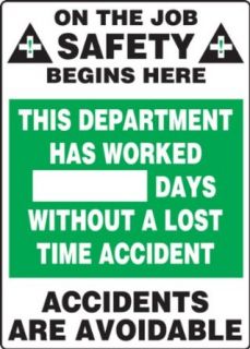 Accuform Signs MSR241PL Plastic Write A Day Scoreboard, "On The Job Safety Begins Here   This Department Has Worked #### Days Without A Lost Time Accident   Accidents Are Avoidable, " 20" Width X 28" Height Industrial Warning Signs In