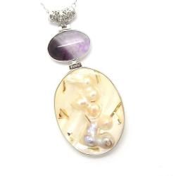 Pearlz Ocean Silvertone Copper White Shell and Amethyst Pendant Pearlz Ocean Gemstone Necklaces