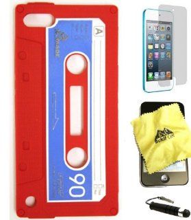 BUKIT CELL (TM) Apple iPod Touch 5 5G 5th Generation Cassette Tape Silicone Case (RED) + BUKIT CELL Trademark Lint Cleaning Cloth + Screen Protector + WirelessGeeks247 METALLIC Touch Screen STYLUS PEN with Anti Dust Plug [bundle   4 items case, cloth, sty